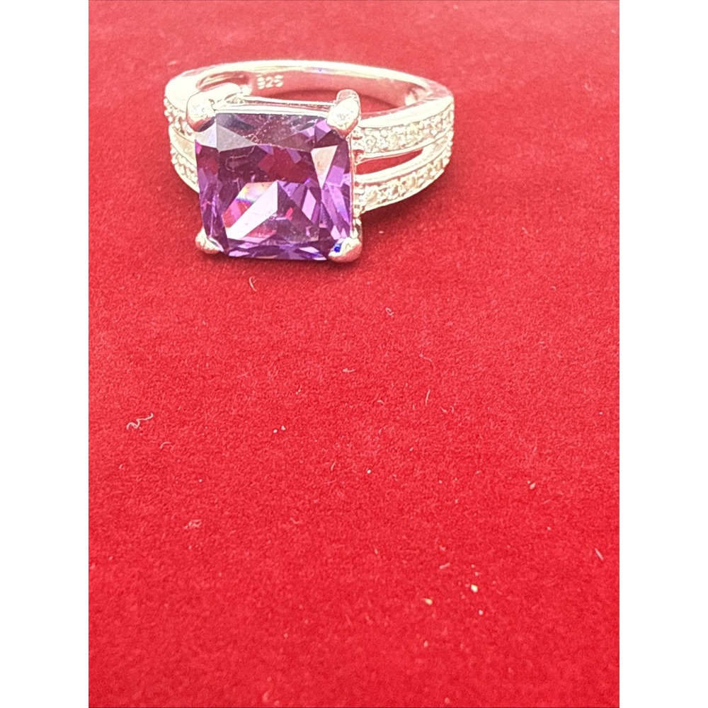 Estate 925 Sterling Silver Amethyst Ring Sz 8 Split Shank Setting Diamond Accent - Picture 9 of 11